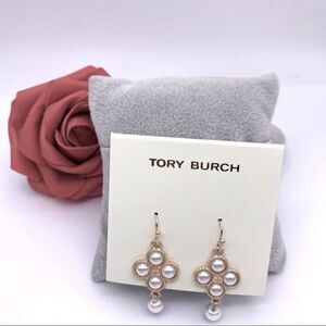 New Tory Burch Gold Four Pearl French Wire Dangle Earrings